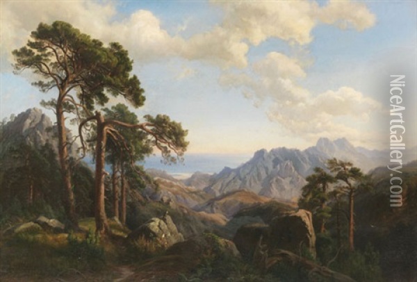Aussicht Vom Col Di Sorba Bei Vivario Mit Pinien, Korsika Oil Painting - Carl Maria Nicolaus Hummel