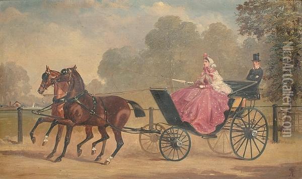 A Lady Driving Out In A Carriage And Pair Oil Painting - Alfred Fitzwalter Grace