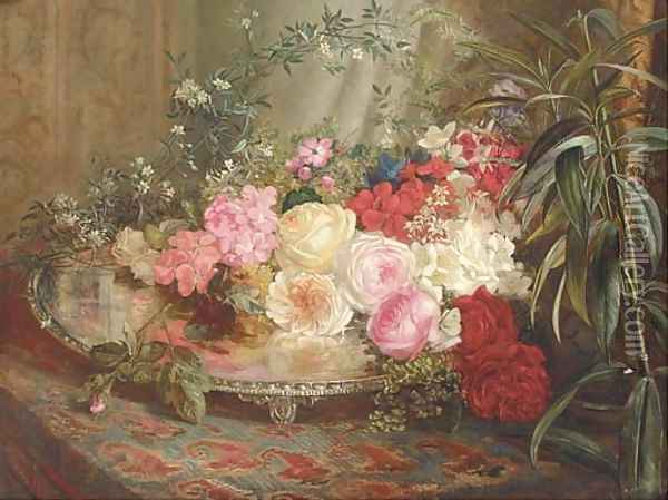 Roses on a silver platter on an oriental rug Oil Painting - Mary Vernon