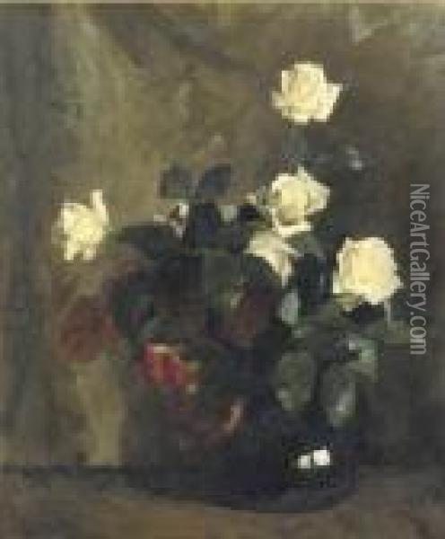 White Rozes In A Black Vase Oil Painting - Floris Arntzenius