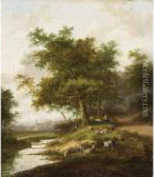 A Shepherdess And Her Flock At Rest Oil Painting - Jan Evert Morel