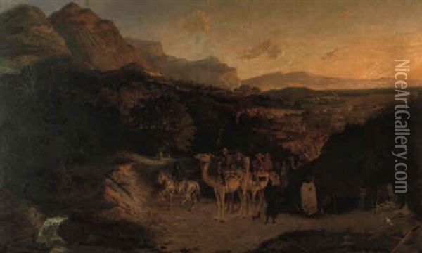 Burke And Wills Coming Upon An Encampment Of Aborigines Oil Painting - Henricus Leonardus Van Den Houten