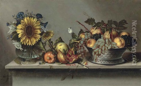 Flowers In A Vase And Fruit In A Bowl On A Ledge Oil Painting - Antonio Ponce