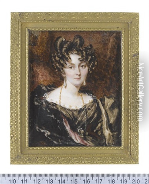 Harriet Ann Kingston (nee Rooke), Wearing Black Decollete Dress With Bouffant Sleeves And White Lace Trim, Gold Necklace, Black Cloak With Pink Lining... Oil Painting - Simon Jacques Rochard