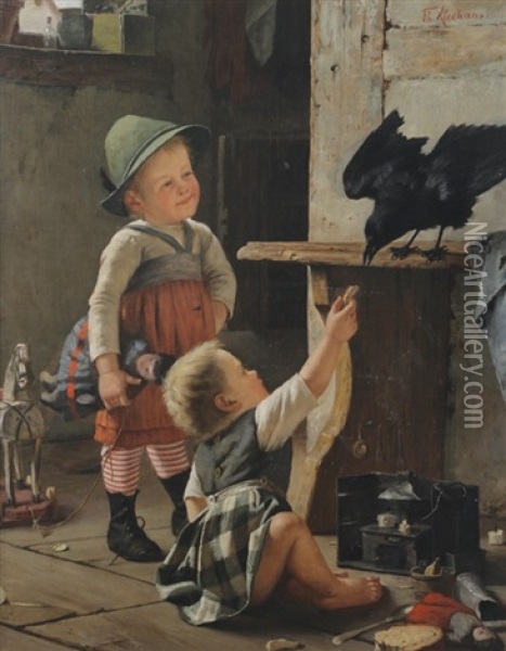 Feeding The Pet Raven Oil Painting - Theodor Kleehaas