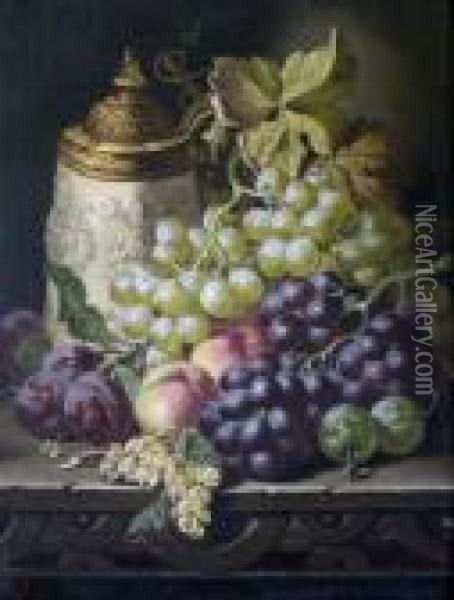 Rheinish Flagon And Fruit On An Oak Table Oil Painting - Charles Thomas Bale