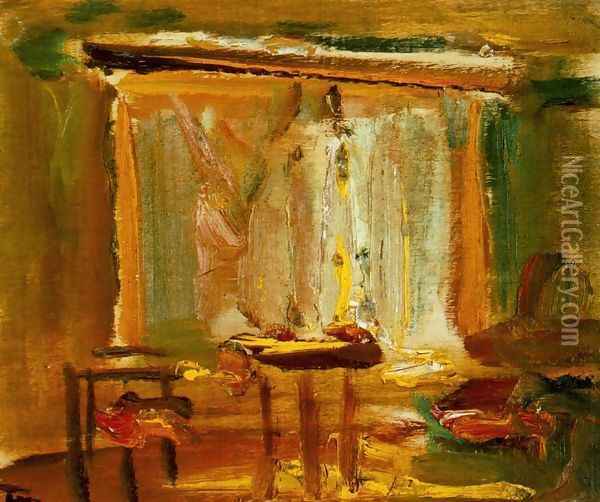 Interior with Curtained Window 1929 Oil Painting - Janos Tornyai