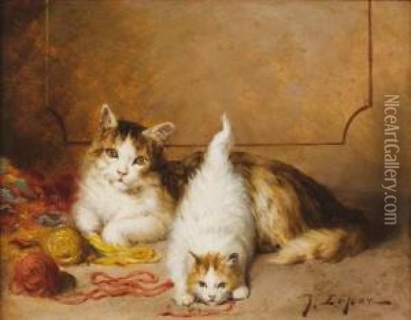 Deux Chats Et Pelotes De Laine Rouge Et Jaune Oil Painting - Jules Le Roy