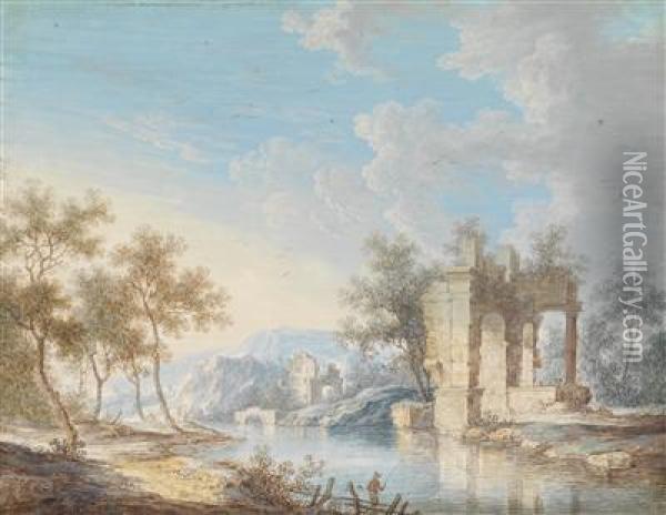 Flusslandschaft Mit Fischern Vor Einer Antiken Ruine Und Hugeln Im Hintergrund Oil Painting - Georg Christoph Ii Von Bemmel
