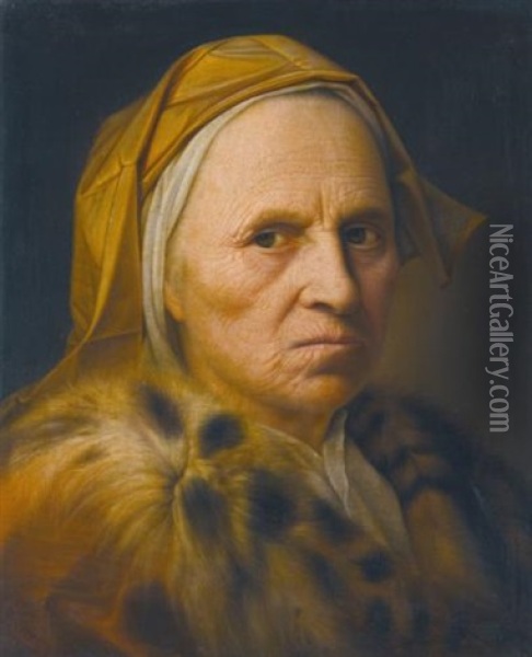 Portrait Of An Old Lady Wearing A Fur Trimmed Coat Oil Painting - Balthazar Denner