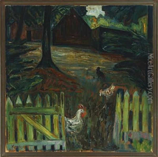 Farmyard With Hens Oil Painting - Kresten Krestensen