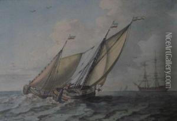 Sailing Craft On Opposite Courses Near Man-o'-war Oil Painting - John Thomas Serres