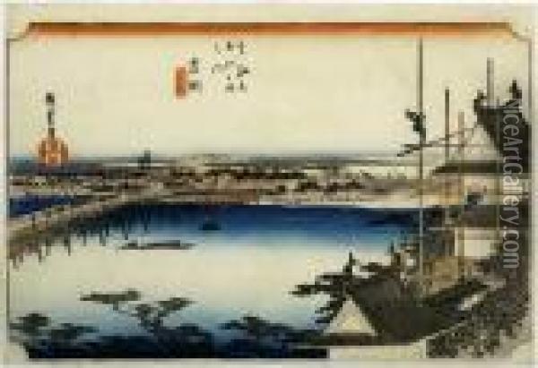 Yoshida, From The Series Tokaido Gojusan Tsugi Oil Painting - Utagawa or Ando Hiroshige