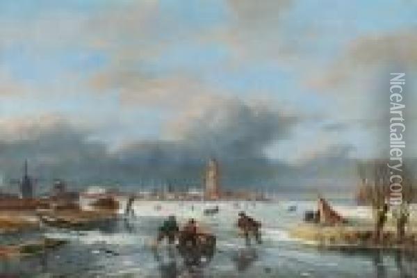 Figures Skating On A Frozen River Oil Painting - Nicholas Jan Roosenboom