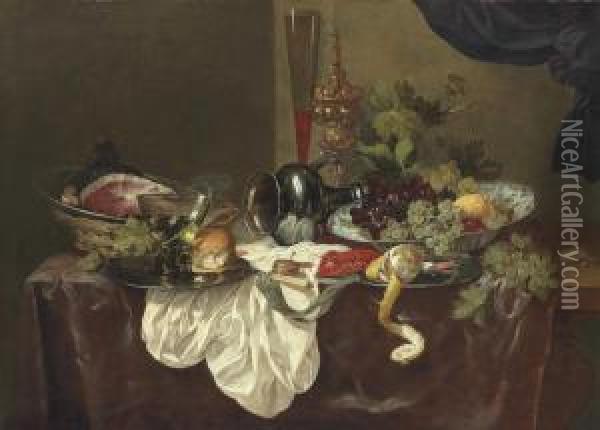 A Roemer, A Langoustine And A Ham On Pewter Plates Oil Painting - Abraham Hendrickz Van Beyeren