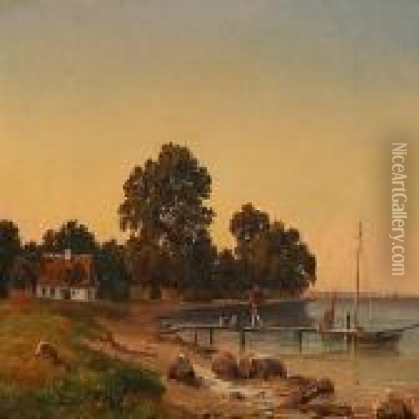 Coastal Scene With A Fisher Returning From The Sea Oil Painting - Carsten Henrichsen