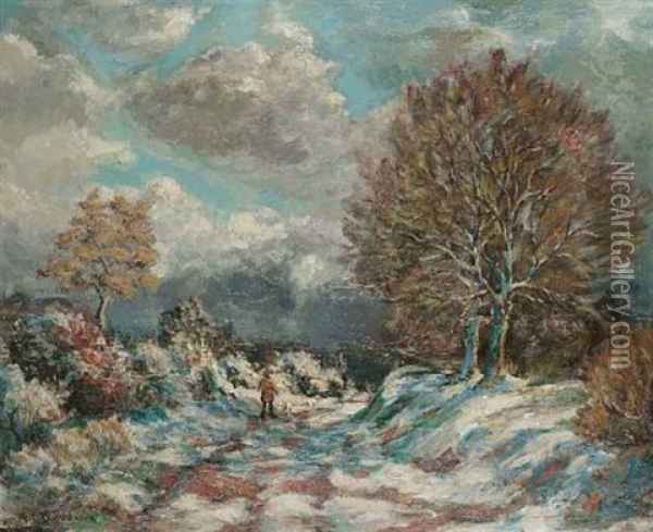 Man And The Dogs In Snowy Landscape Oil Painting - Arthur Clifton Goodwin
