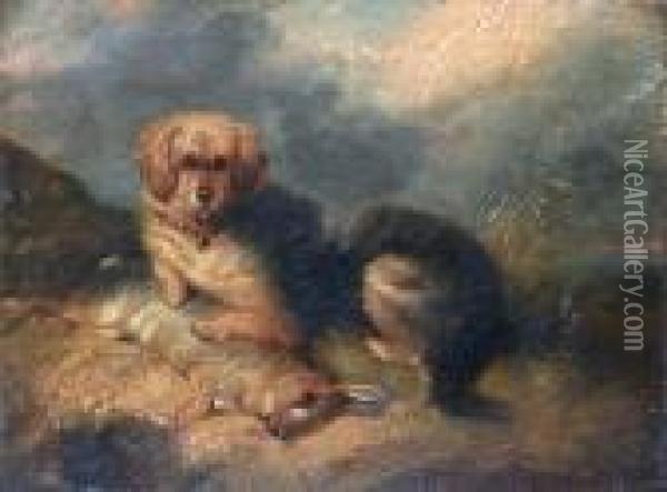 A Terrier Seated With Rabbit Oil Painting - George Armfield