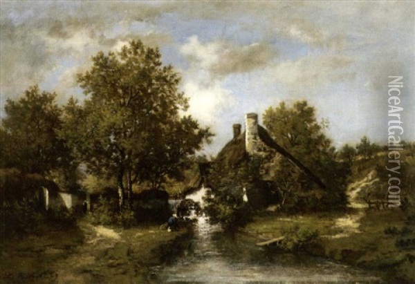 A Figure Fishing By A Cottage On A Stream Oil Painting - Leon Richet