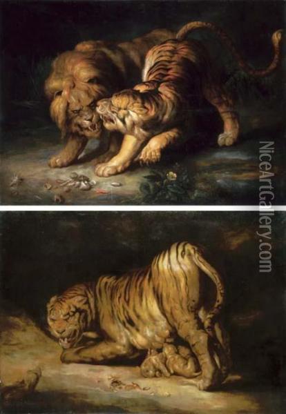 A Lion And Tiger In A Cave; A Tigress Protecting Her Cubs From A Snake Oil Painting - George Von Hamilton