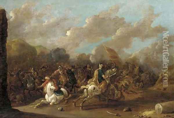 A cavalry skirmish between Christians and Turks Oil Painting - Simon Johannes van Douw