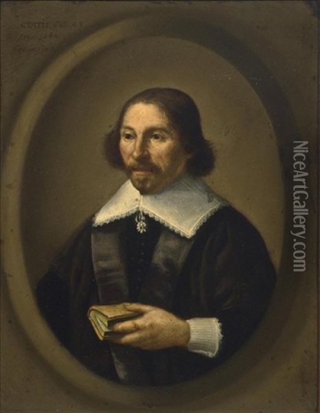 A Portrait Of A Gentleman, Aged 48, Half Length, Wearing A Black Coat With White Lace Cuffs And Collar, Holding A Book, In A Painted Oval Oil Painting - Isaack Jacobsz. van Hooren