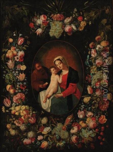 A Garland Of Flowers And Fruit 
Decorating A Medallion Of The Holyfamily, Holding An Apple And 
Forget-me-nots Oil Painting - Frans Snyders