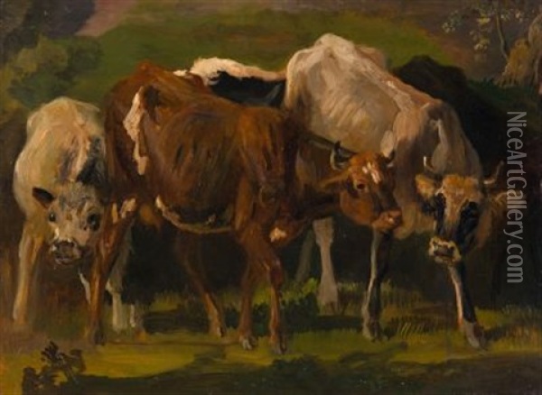 Zwei Rindern Und Ein Kalb (study) Oil Painting - Christian Friedrich Gille