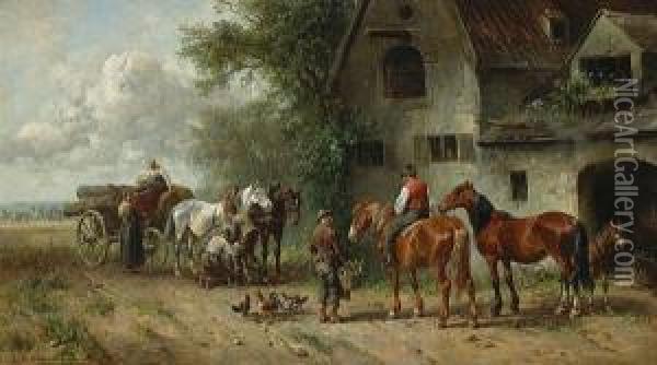 At The Blacksmith's Shop Oil Painting - Ludwig Hartmann