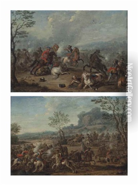 A Cavalry Skirmish In A Mountainous Landscape; And Cavalry On The Battlefield Oil Painting - Karel Breydel