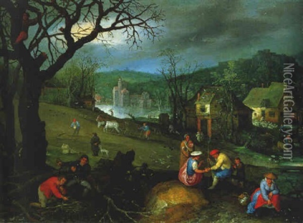 Autumn: Men Gathering Firewood And A Gipsy Fortune-telling Oil Painting - Marten Ryckaert