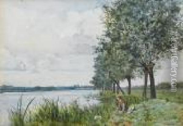 A Young Boy Fishing By A River Oil Painting - William Fraser Garden