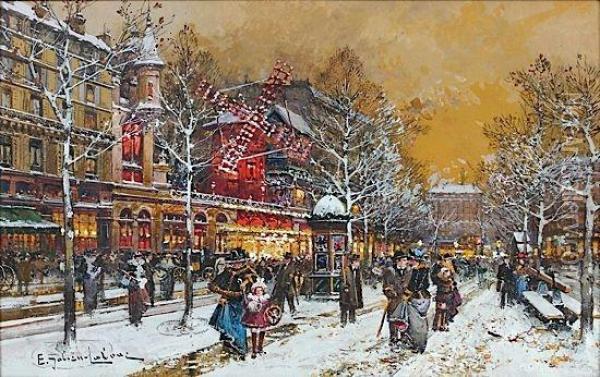 Le Moulin Rouge Sous La Neige Oil Painting - Eugene Galien-Laloue