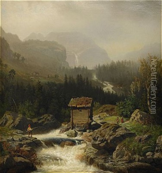 Nordiskt Bergslandskap Med Fors Oil Painting - Edward (Johan-Edvard) Bergh