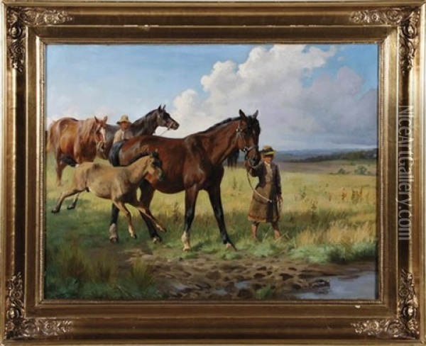 Couple Walking Horses Oil Painting - Adolf Heinrich Mackeprang