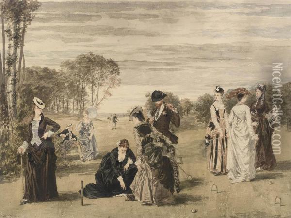 An Elegant Company Playing Croquet Oil Painting - Pierre Gavarni