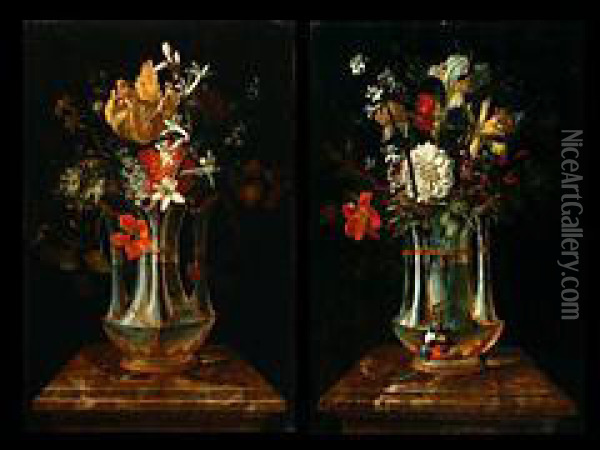 Gemaldepaar Mit Blumenstilleben In Vasen Oil Painting - Johann-Adalbert Angermeyer