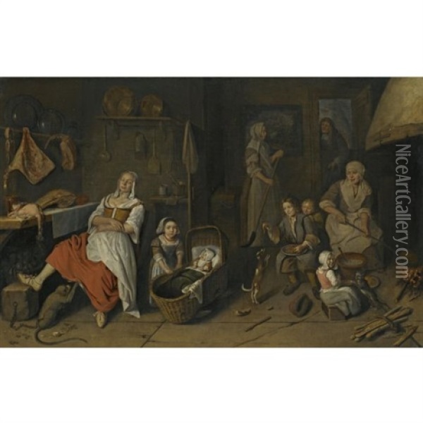 A Kitchen Interior With A Woman Cooking At The Hearth, Children Playing And A Woman Resting By The Butcher's Table Oil Painting - Pieter Gerritsz van Roestraten
