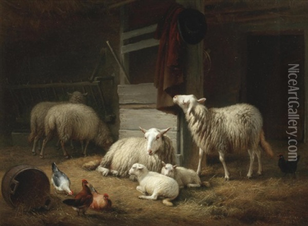 A Barn Interior With Ewes, Lambs And Hens Oil Painting - Eugene Verboeckhoven