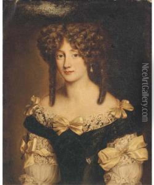 Portrait Of A Lady, Half-length, In A Black Dress With Lace Trim,decorated With Ribbons Oil Painting - Henri Gascard