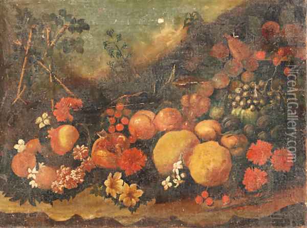 Pomegranates, apples, grapes and other fruit and flowers on a forest floor Oil Painting - Roman School