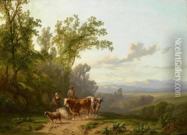 Romanticlandscape With Shepherd Pair Oil Painting - Alfred Edouard De Bylandt
