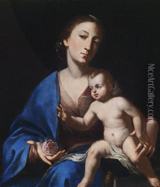 Madonna Mit Kind, Eine Rose Haltend Oil Painting - Bernardo Cavallino