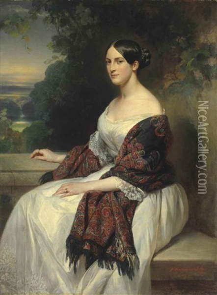 Portrait Of Mrs Ackermann, Three-quarter Length, Seated In A Landscape Oil Painting - Franz Xaver Winterhalter
