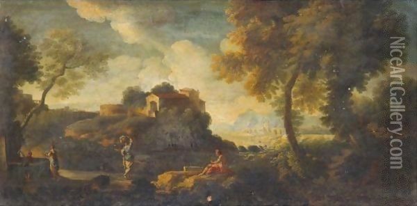 An Italianate Landscape With Women At A Well Oil Painting - Jan Frans Van Bloemen (Orizzonte)