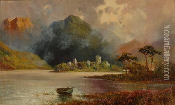 Loch And Highland Landscapewith Rowing Boat At The Water's Edge Oil Painting - W.A. Richards