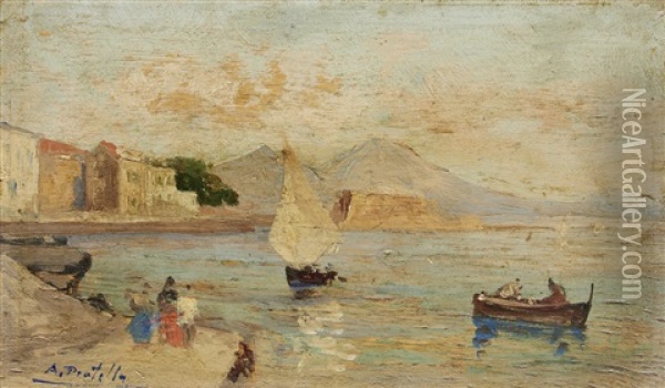 Looking Across The Harbour (+ A Coastal Town; Pair) Oil Painting - Attilio Pratella