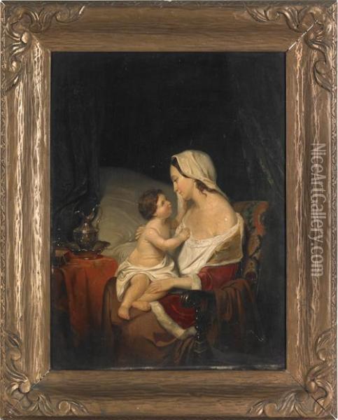Interior Scene With Mother And Child Oil Painting - Petrus Theodorus Wijngaerdt