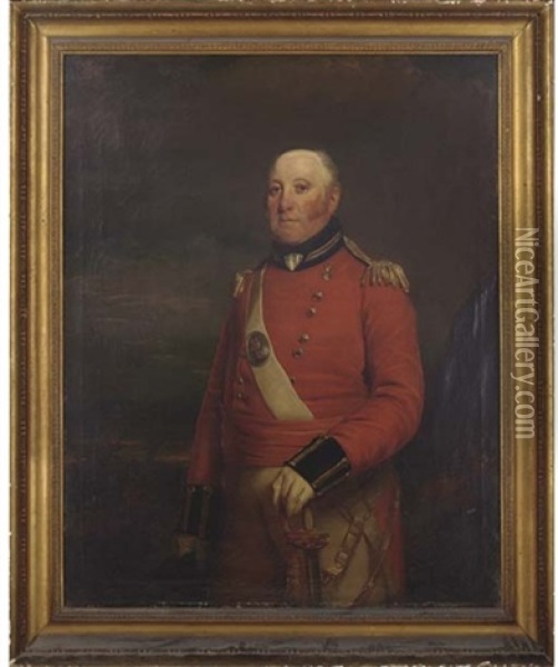 Portrait Of A Field Officer Of The 12th Battalion Of Norwich Volunteer Infantry (?), His Left Hand On His Sword, A Landscape Beyond Oil Painting - Sir William Beechey