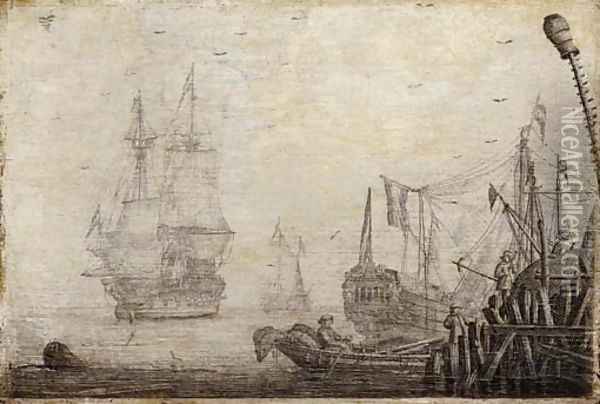 A penschilderij Shipping in a harbour with figures on a quay in the foreground Oil Painting - Experiens Sillemans